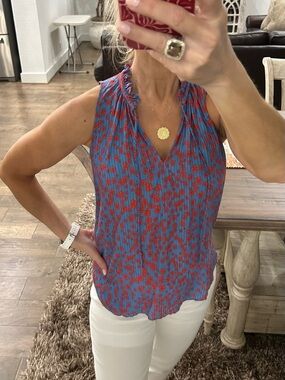 Loft Sleeveless Blue & Red Floral V-Neck Top - Lightweight Women's Blouse